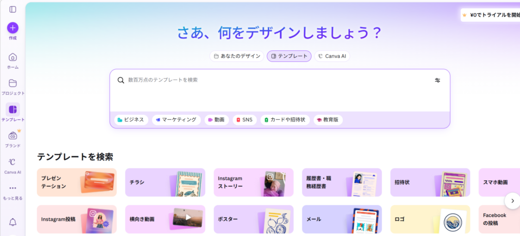 Canva ログイン後 ホーム画面