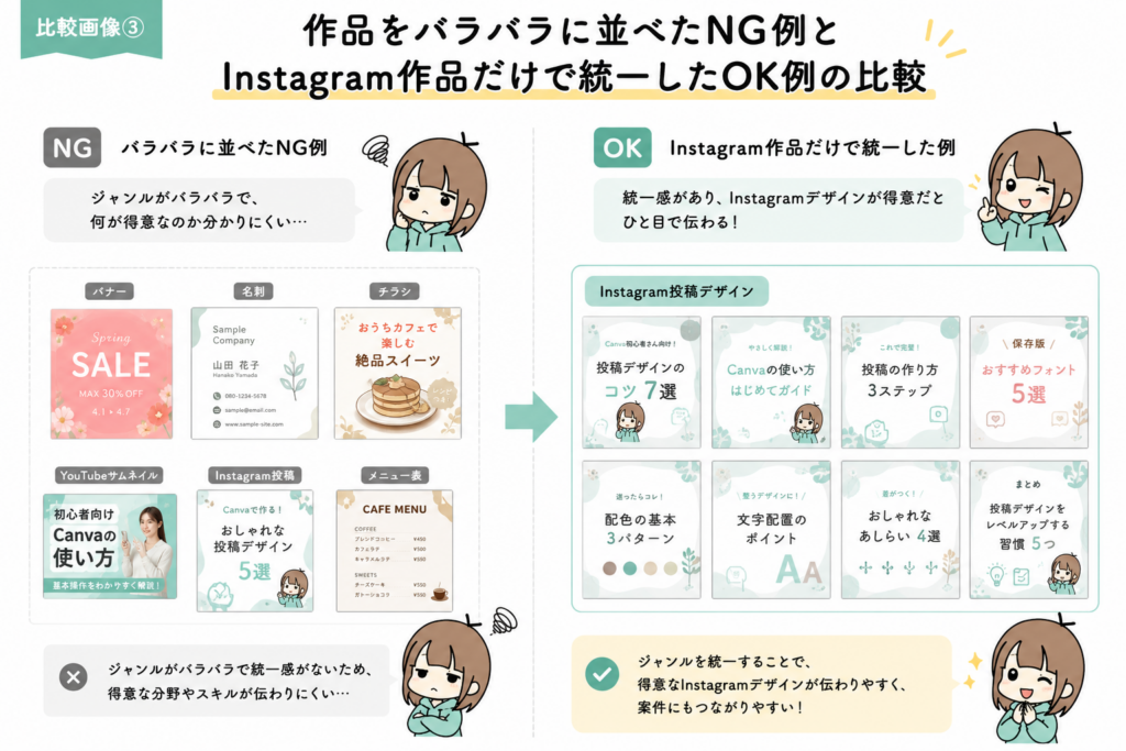 比較画像③「作品をバラバラに並べたNG例」と「Instagram作品だけで統一したOK例」